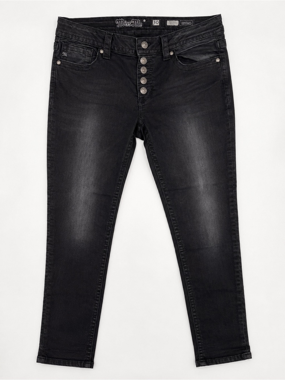 Miss Me Mid Rise Skinny Jeans Womens Sz 30 Black Wash Button Fly Stretch Denim
